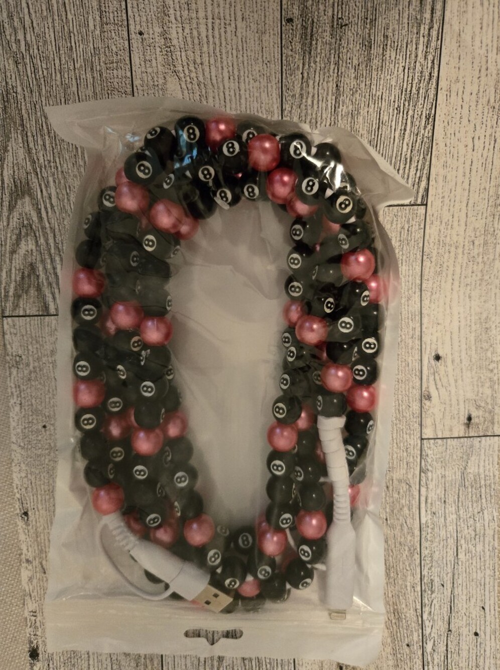 Black and Pink 8-Ball Beaded USB Charging Cable - Women Jewelry
